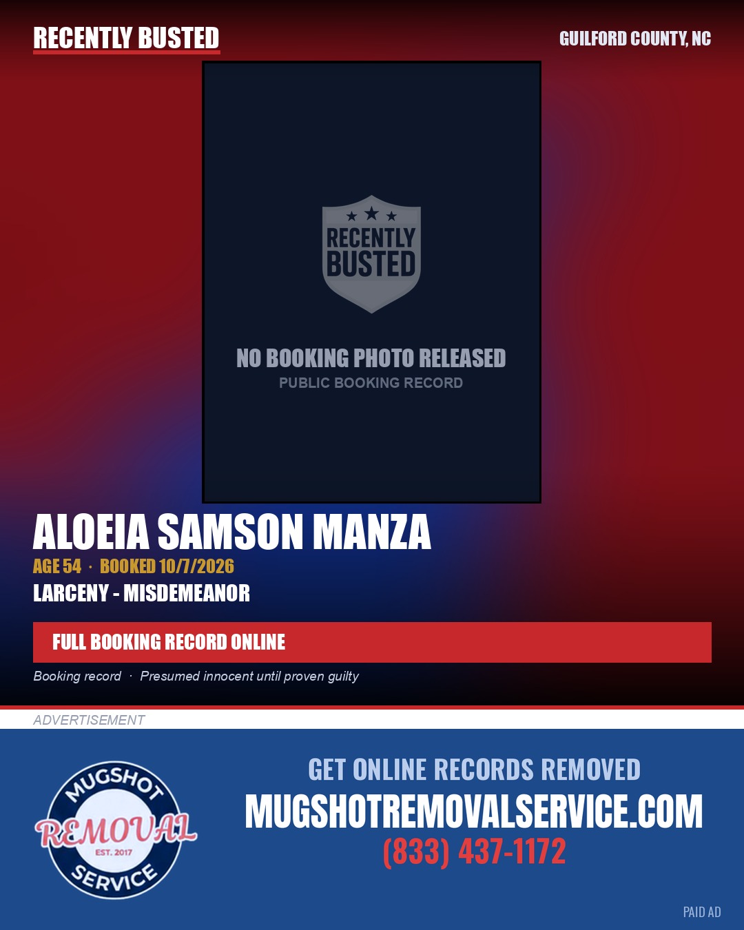 ALOEIA SAMSON MANZA — arrest record card, Guilford County, North Carolina