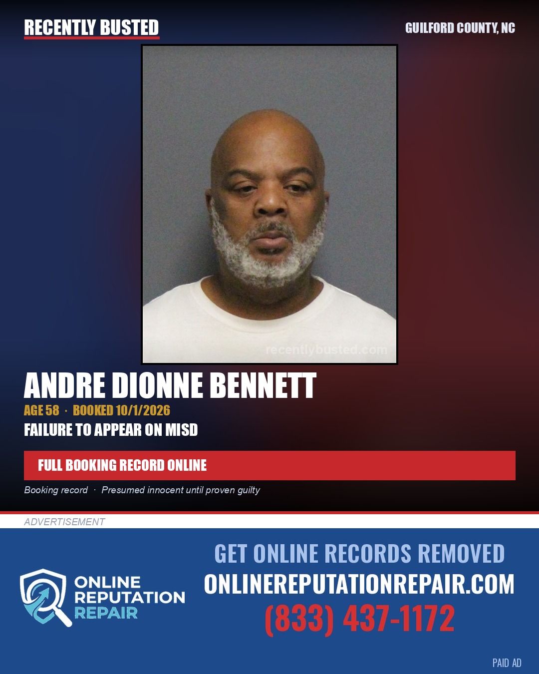 ANDRE DIONNE BENNETT — arrest record card, Guilford County, North Carolina