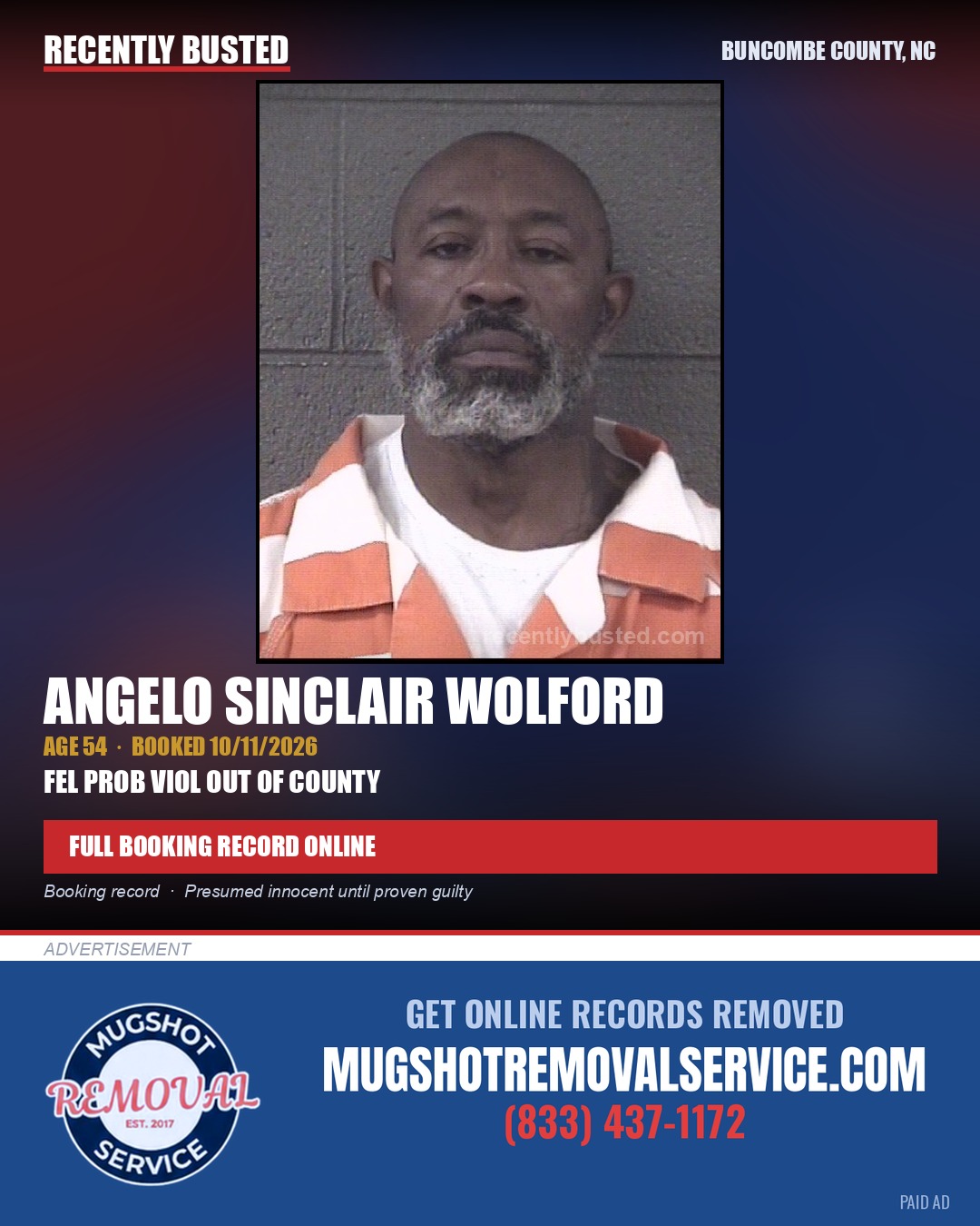 ANGELO SINCLAIR WOLFORD — arrest record card, Buncombe County, North Carolina