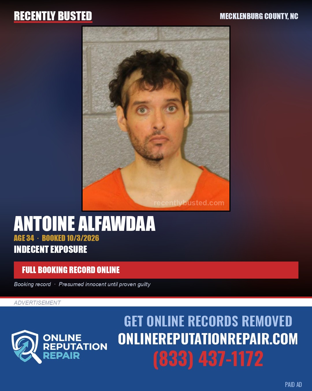 ANTOINE ALFAWDAA — arrest record card, Mecklenburg County, North Carolina