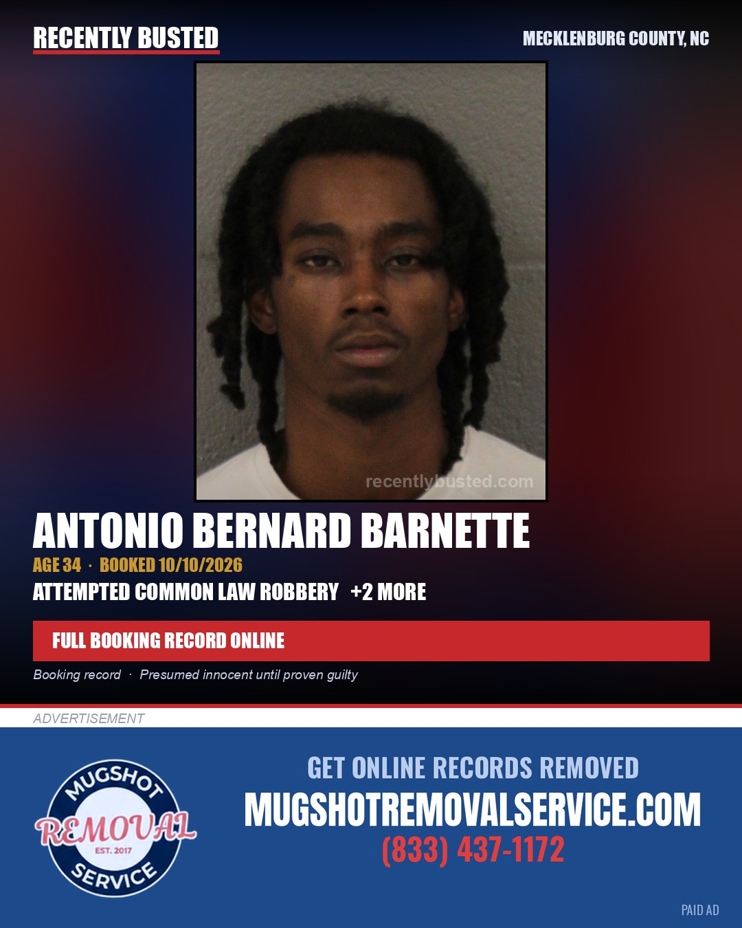 ANTONIO BERNARD BARNETTE — arrest record card, Mecklenburg County, North Carolina