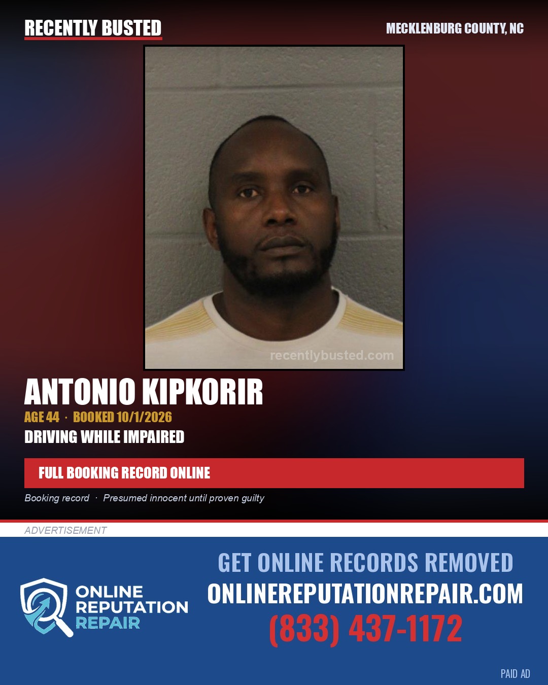 ANTONIO KIPKORIR — arrest record card, Mecklenburg County, North Carolina