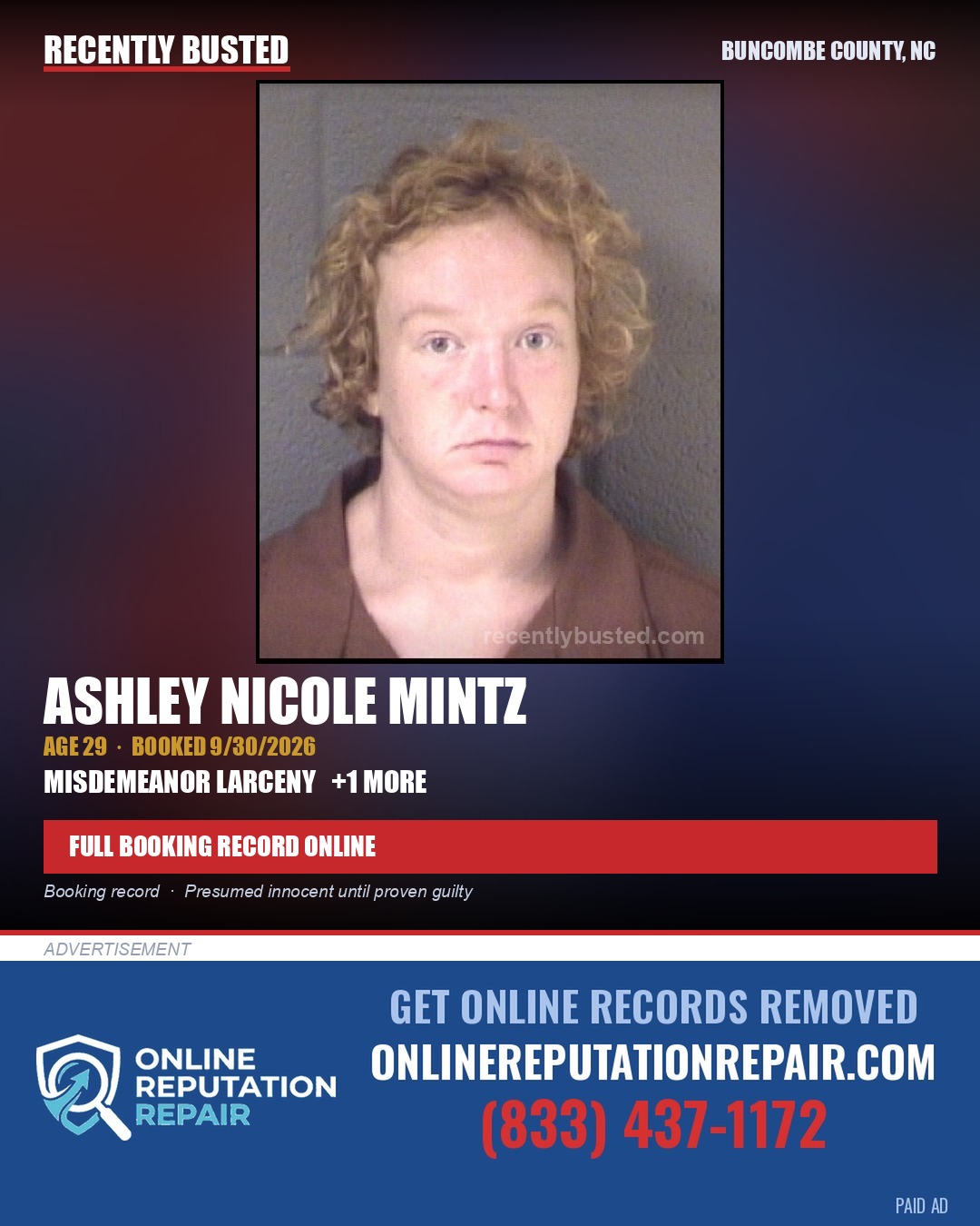 ASHLEY NICOLE MINTZ — arrest record card, Buncombe County, North Carolina
