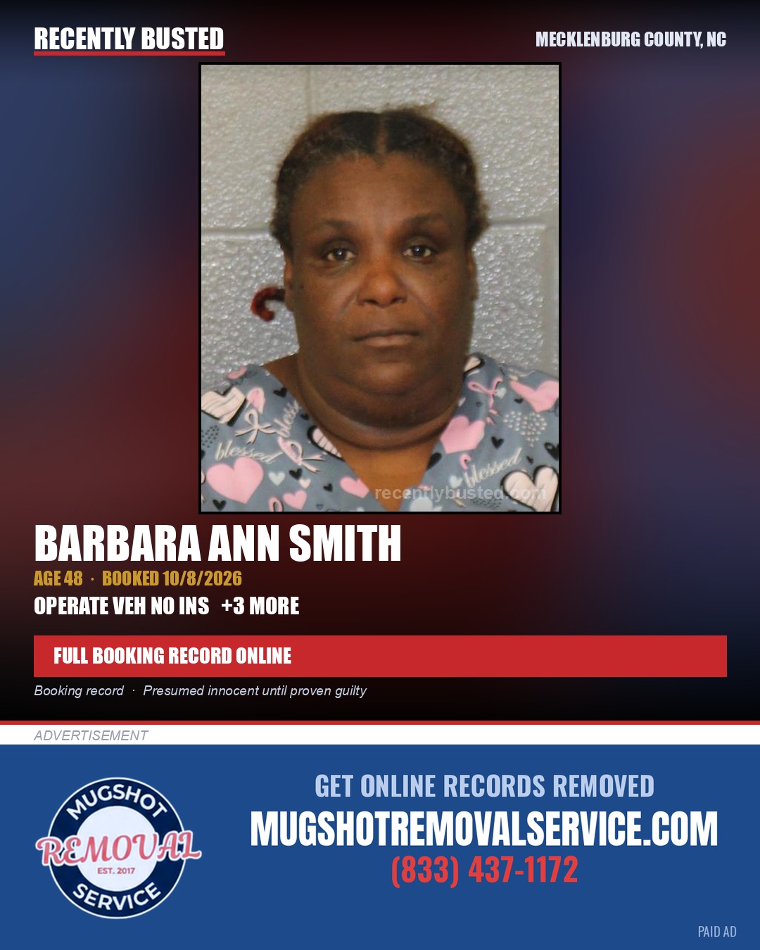 BARBARA ANN SMITH — arrest record card, Mecklenburg County, North Carolina