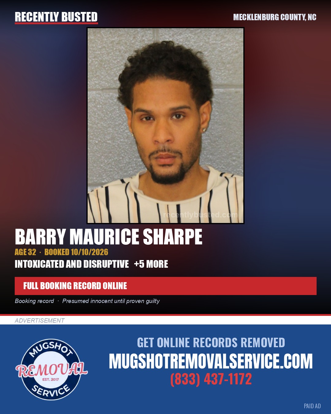 BARRY MAURICE SHARPE — arrest record card, Mecklenburg County, North Carolina