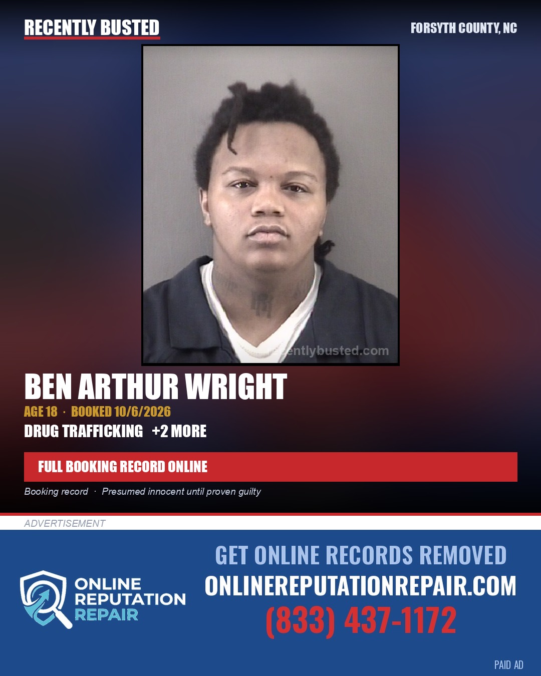 BEN ARTHUR WRIGHT — arrest record card, Forsyth County, North Carolina