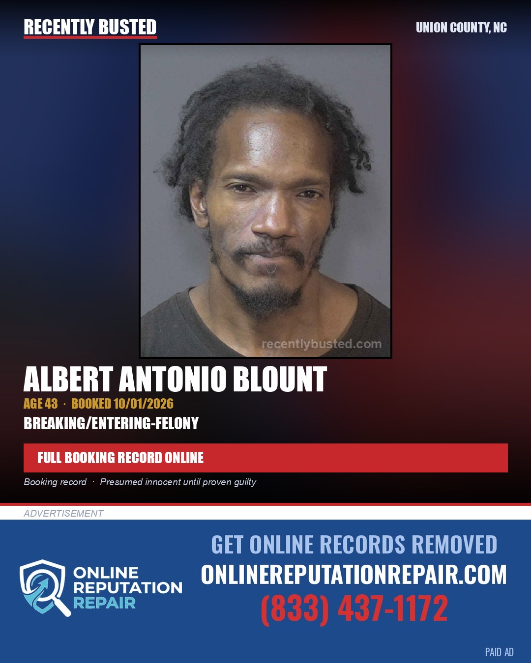 BLOUNT, ALBERT ANTONIO — arrest record card, Union County, North Carolina