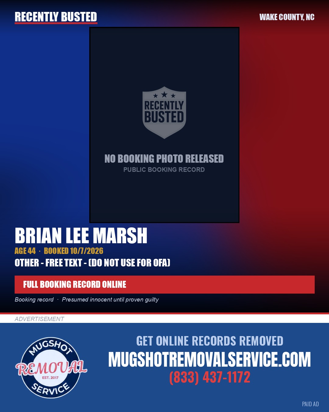 BRIAN LEE MARSH — arrest record card, Wake County, North Carolina