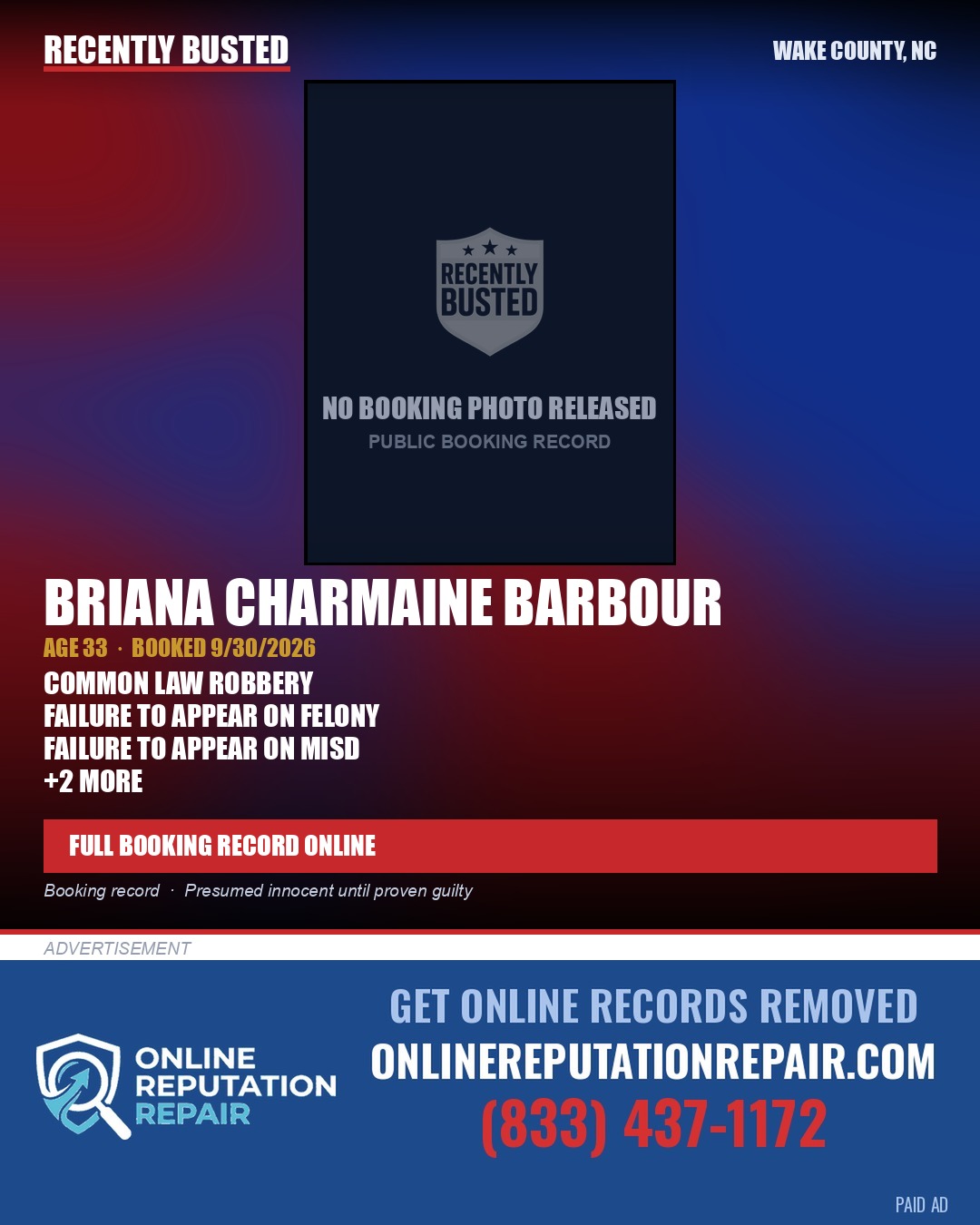 BRIANA CHARMAINE BARBOUR — arrest record card, Wake County, North Carolina