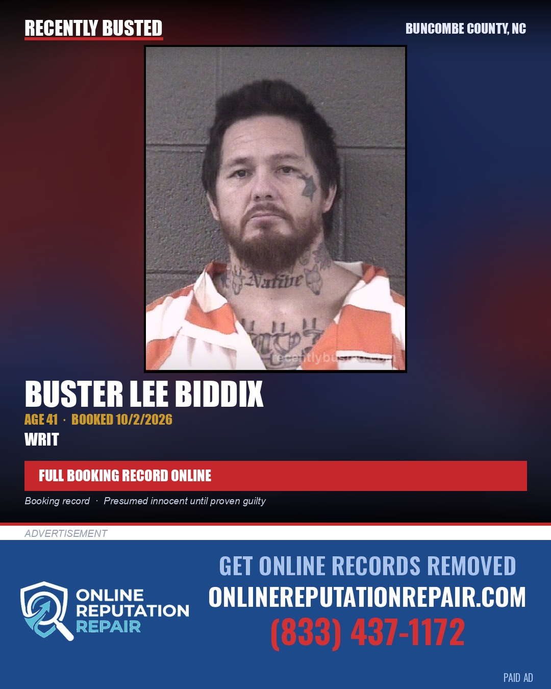 BUSTER LEE BIDDIX — arrest record card, Buncombe County, North Carolina
