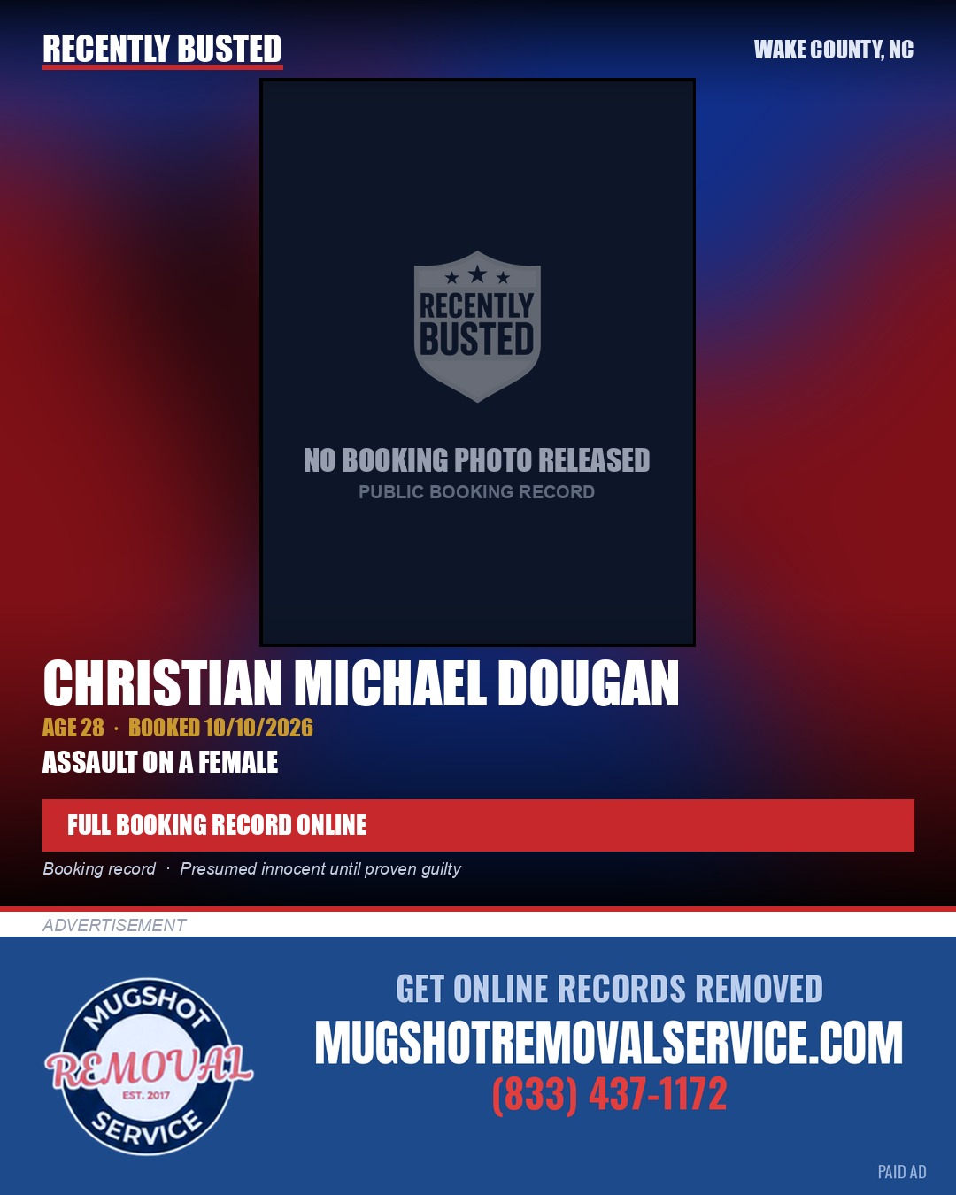 CHRISTIAN MICHAEL DOUGAN — arrest record card, Wake County, North Carolina