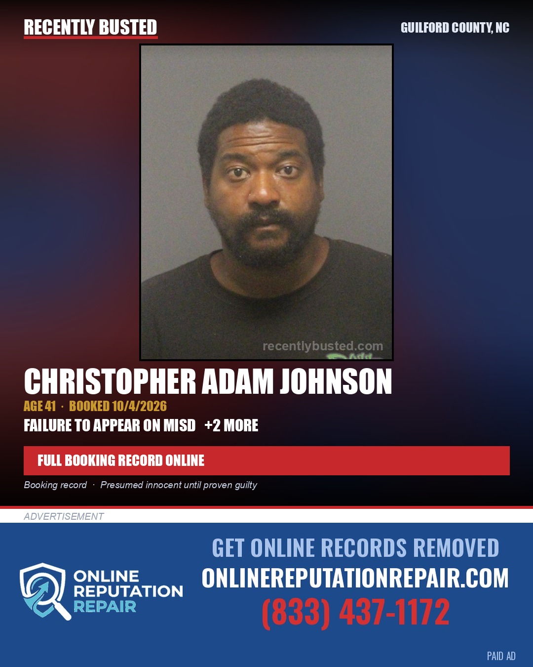 CHRISTOPHER ADAM JOHNSON — arrest record card, Guilford County, North Carolina