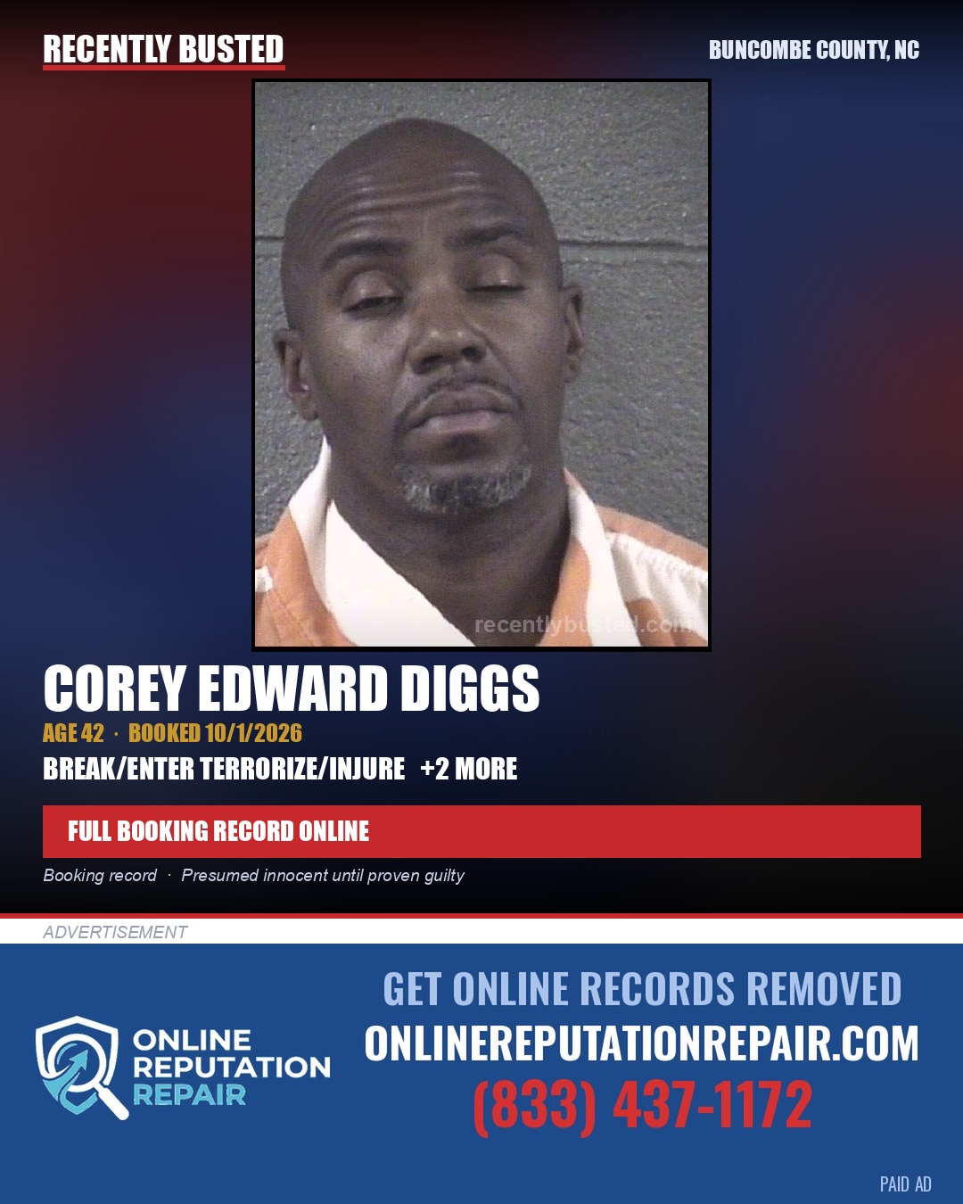 COREY EDWARD DIGGS — arrest record card, Buncombe County, North Carolina