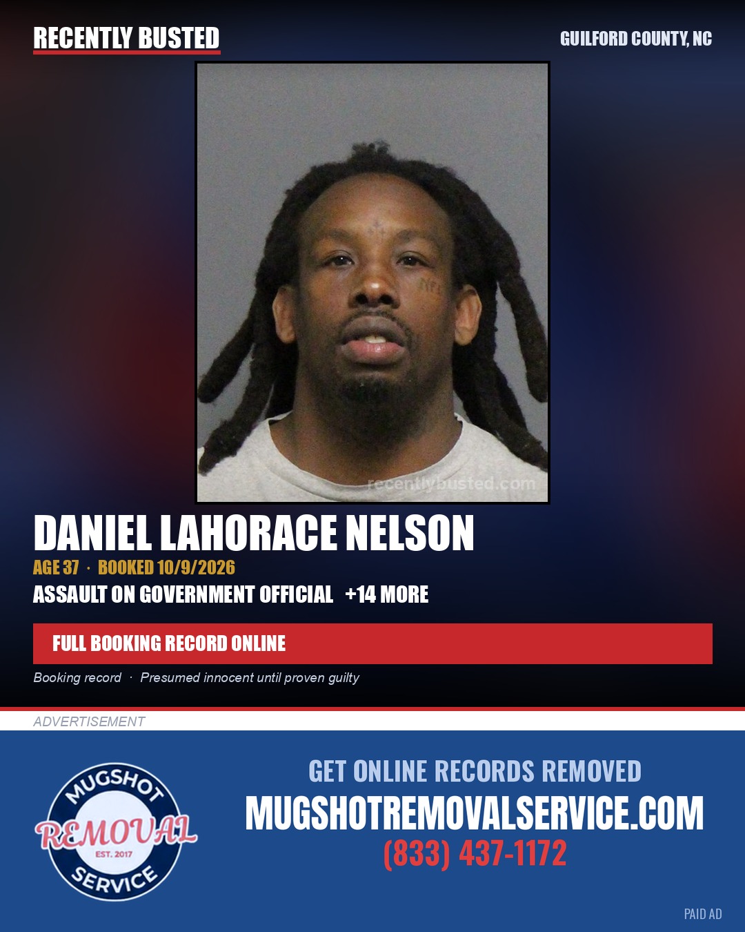 DANIEL LAHORACE NELSON — arrest record card, Guilford County, North Carolina