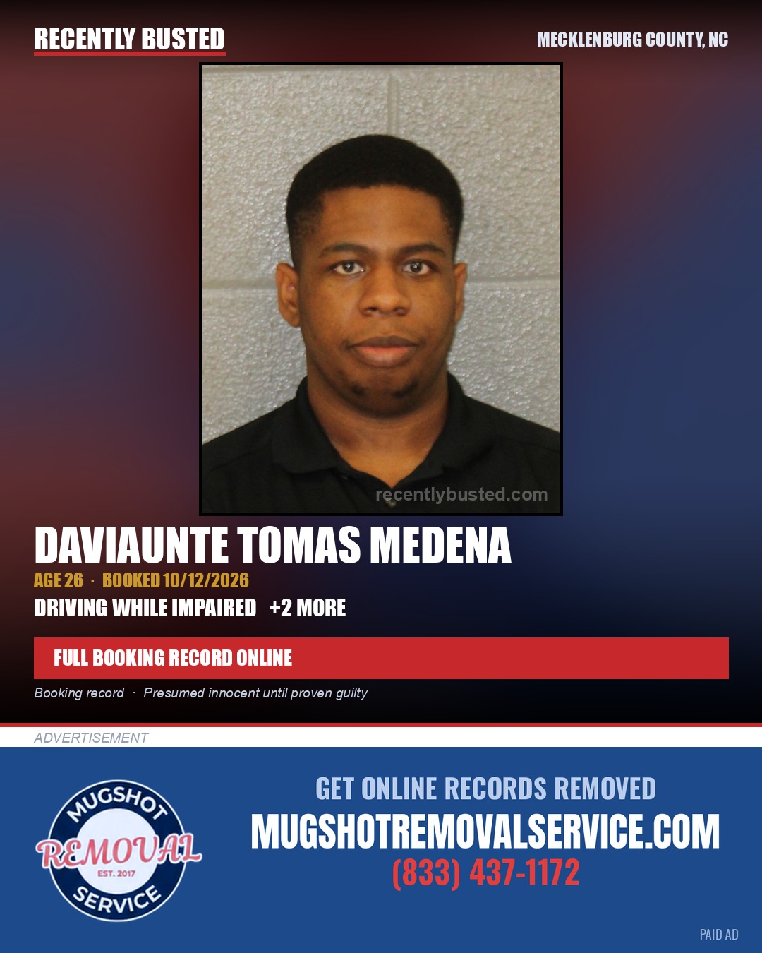 DAVIAUNTE TOMAS MEDENA — arrest record card, Mecklenburg County, North Carolina