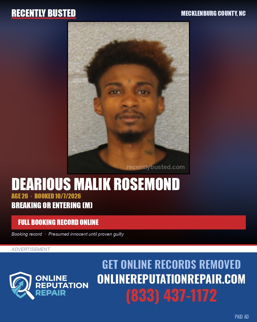 DEARIOUS MALIK ROSEMOND — arrest record card, Mecklenburg County, North Carolina