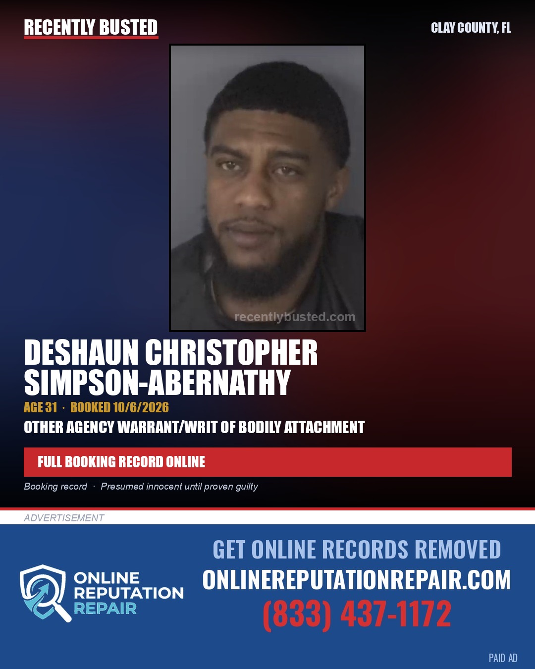 DESHAUN CHRISTOPHER SIMPSON-ABERNATHY — arrest record card, Clay County, Florida
