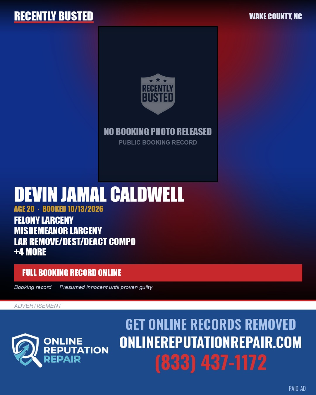 DEVIN JAMAL CALDWELL — arrest record card, Wake County, North Carolina