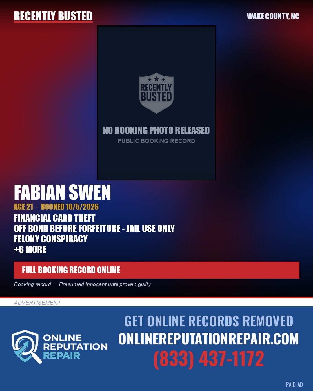 FABIAN SWEN — arrest record card, Wake County, North Carolina
