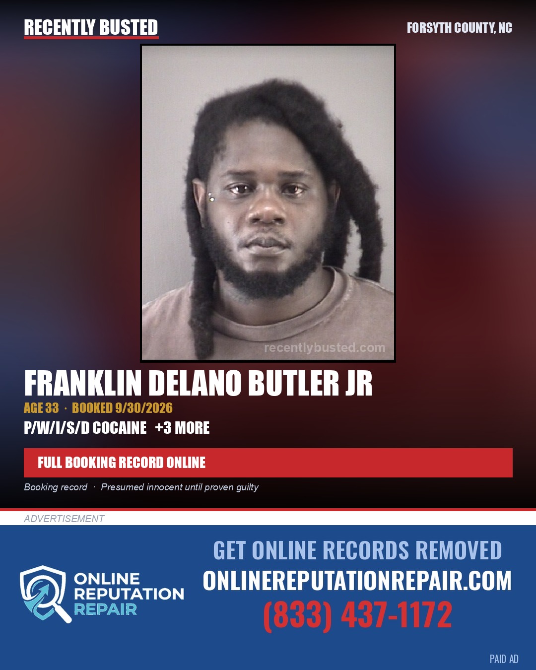 FRANKLIN DELANO BUTLER JR — arrest record card, Forsyth County, North Carolina