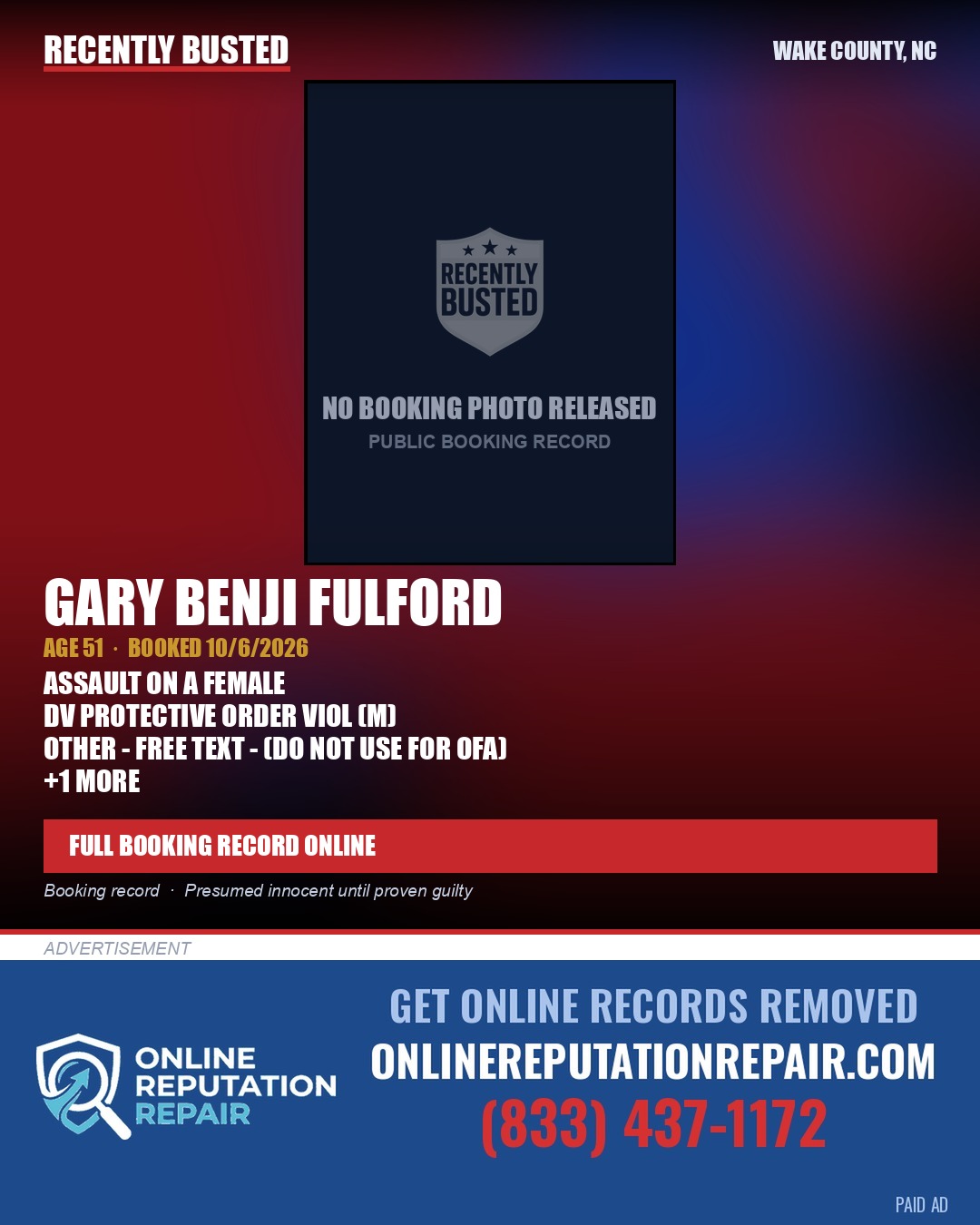 GARY BENJI FULFORD — arrest record card, Wake County, North Carolina
