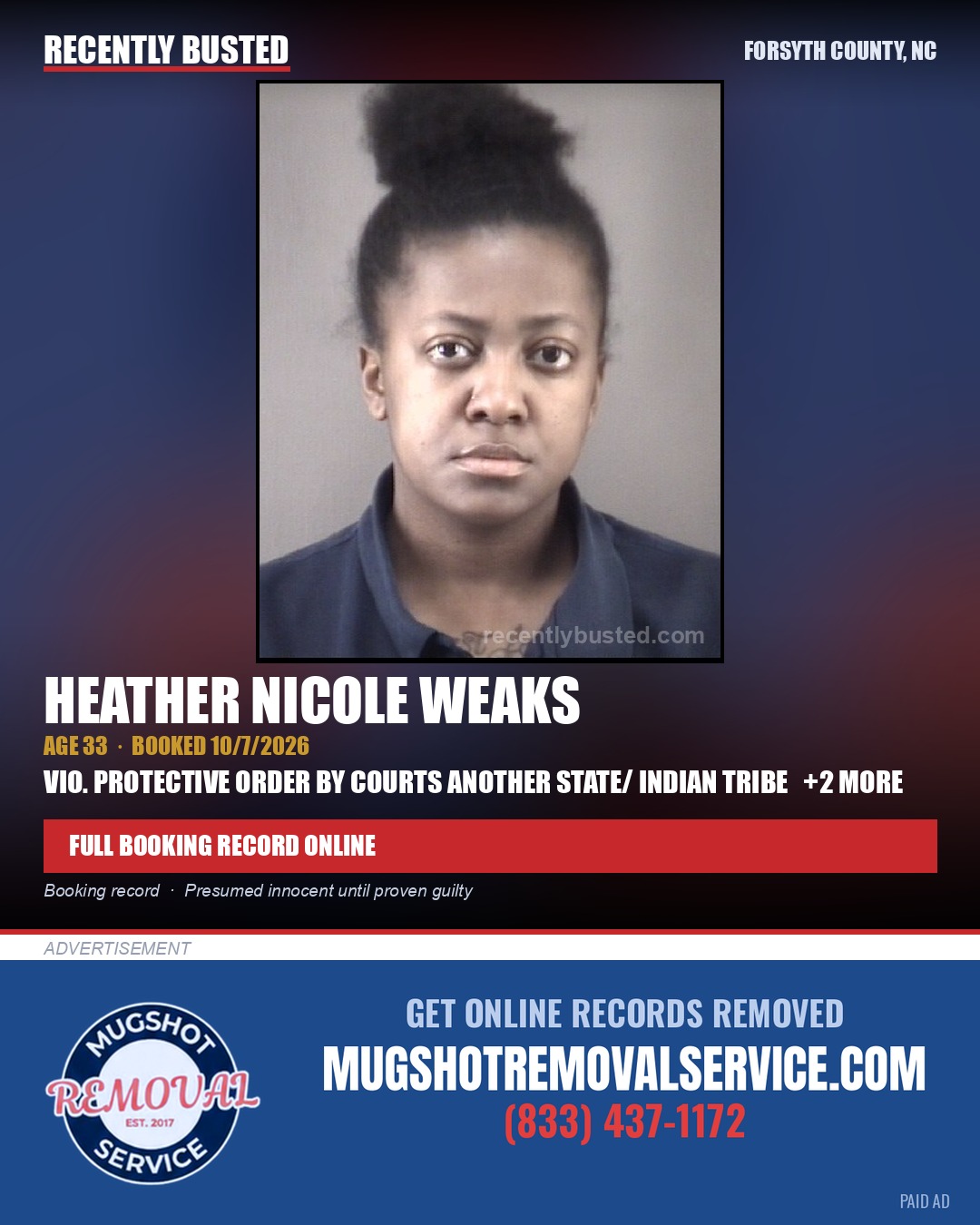 HEATHER NICOLE WEAKS — arrest record card, Forsyth County, North Carolina