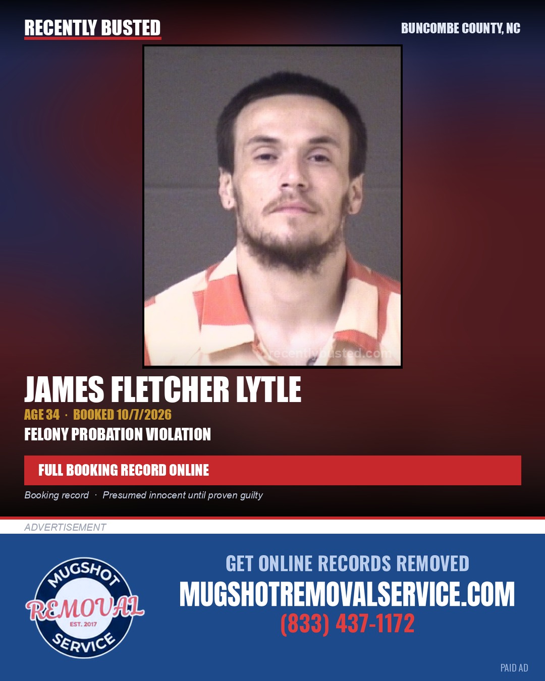 JAMES FLETCHER LYTLE — arrest record card, Buncombe County, North Carolina