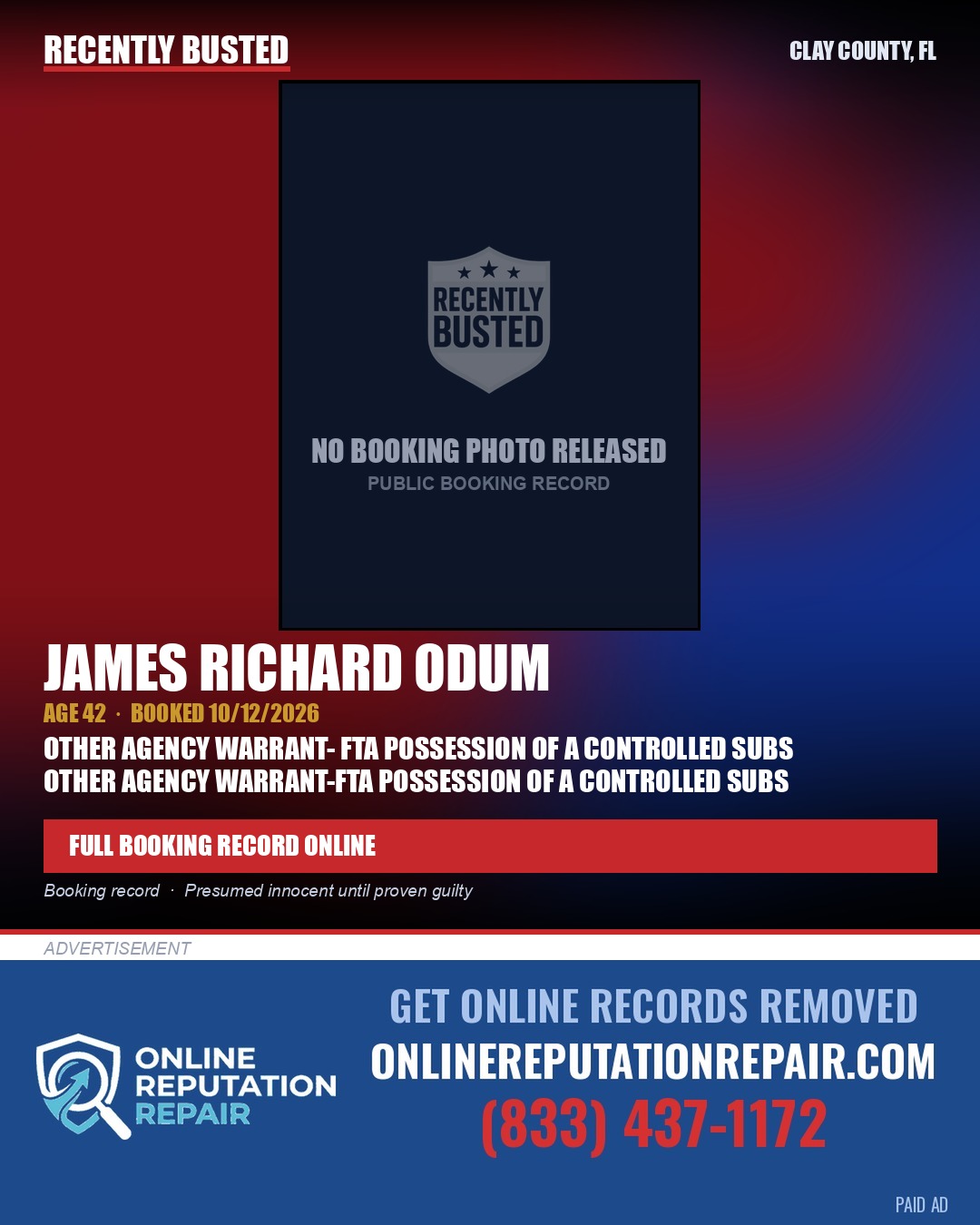 JAMES RICHARD ODUM — arrest record card, Clay County, Florida