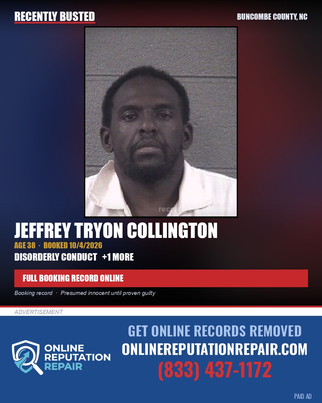 JEFFREY TRYON COLLINGTON — arrest record card, Buncombe County, North Carolina