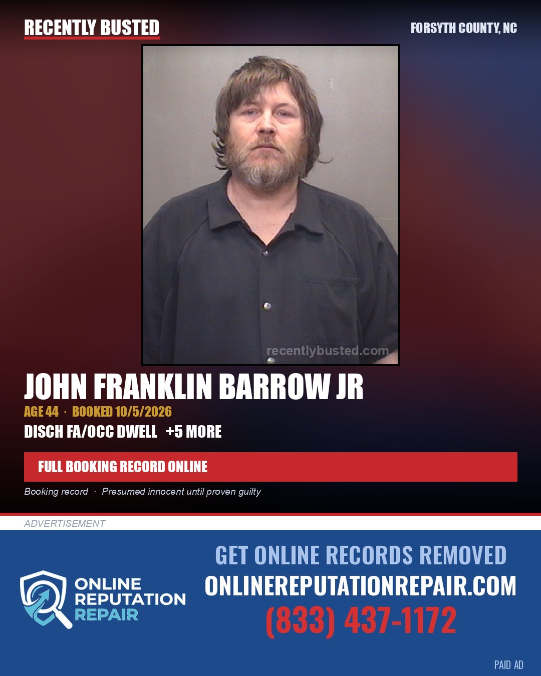 JOHN FRANKLIN BARROW JR — arrest record card, Forsyth County, North Carolina