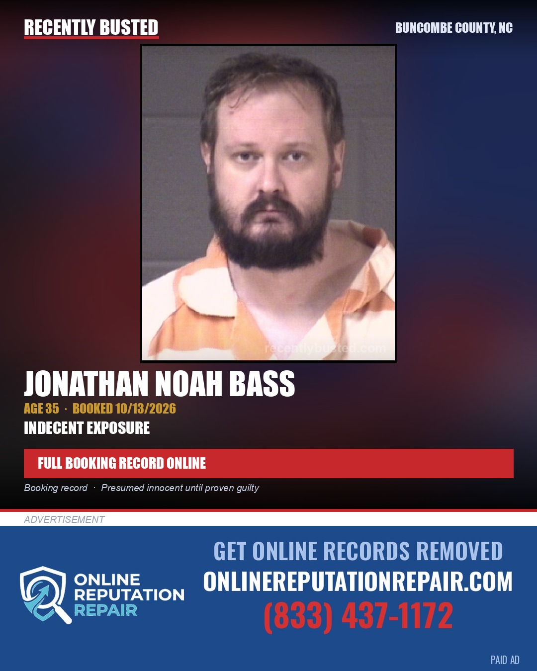 JONATHAN NOAH BASS — arrest record card, Buncombe County, North Carolina