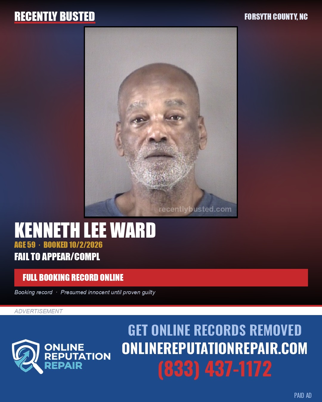 KENNETH LEE WARD — arrest record card, Forsyth County, North Carolina