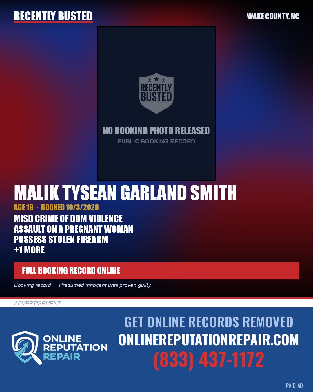 MALIK TYSEAN GARLAND SMITH — arrest record card, Wake County, North Carolina
