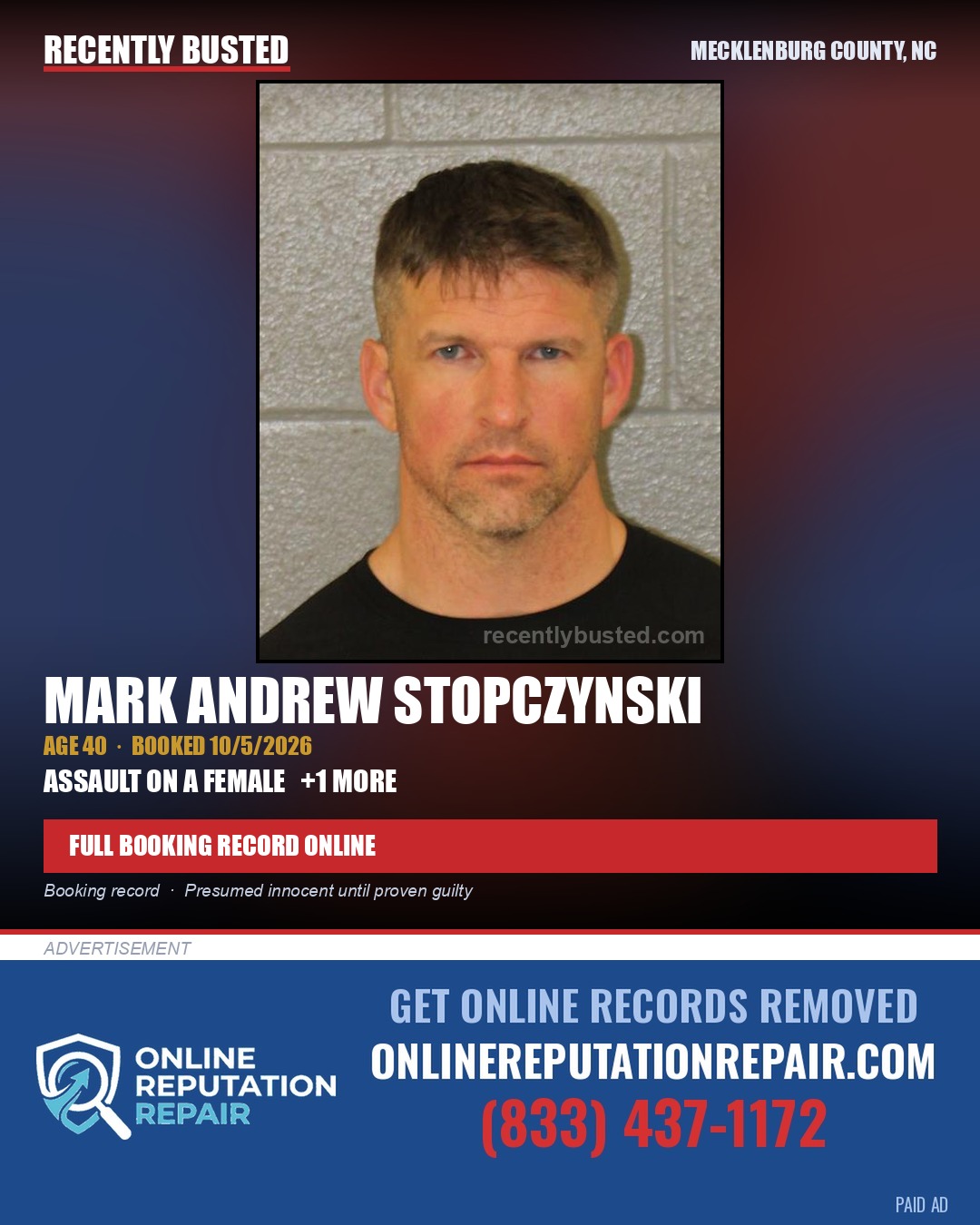 MARK ANDREW STOPCZYNSKI — arrest record card, Mecklenburg County, North Carolina