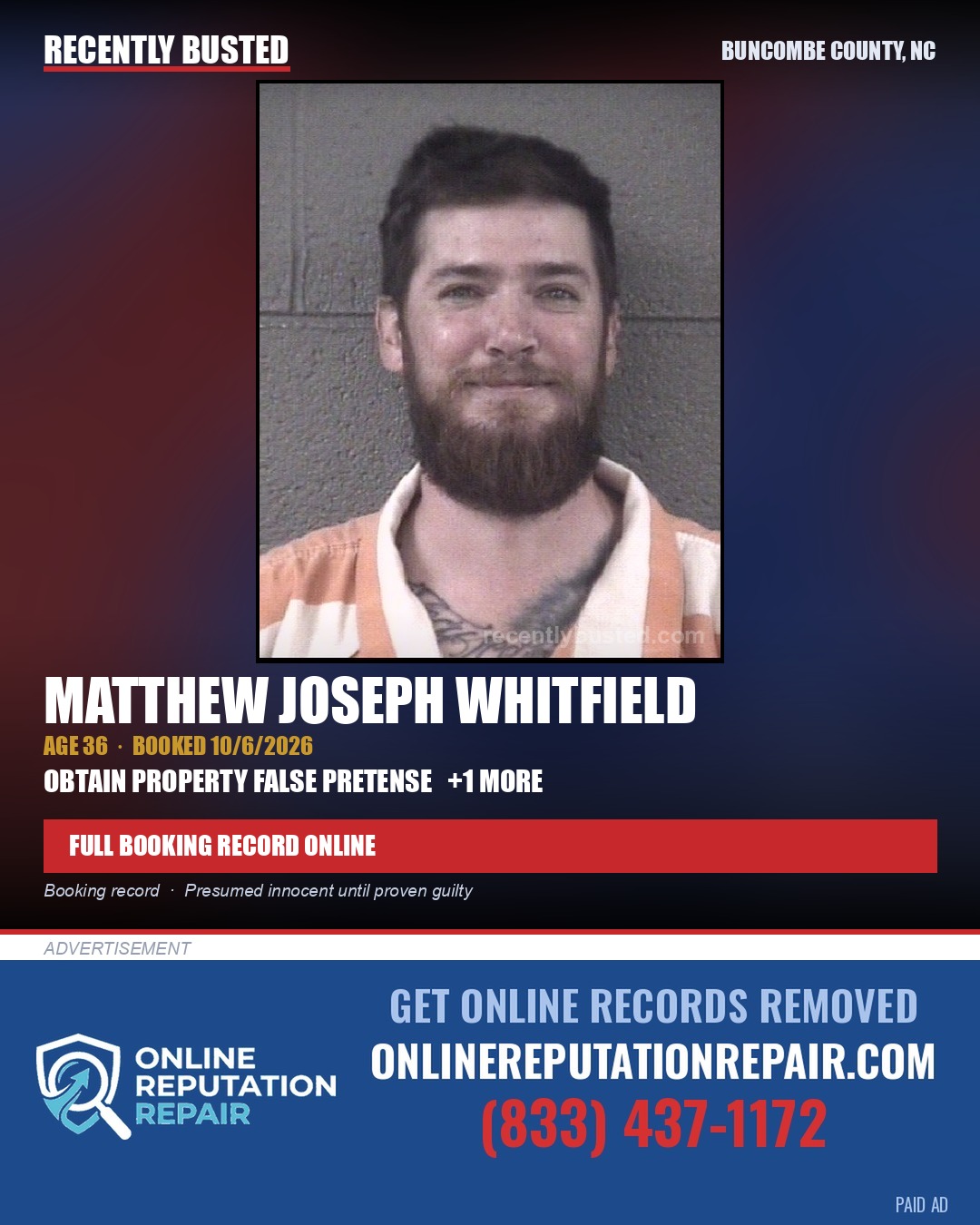 MATTHEW JOSEPH WHITFIELD — arrest record card, Buncombe County, North Carolina