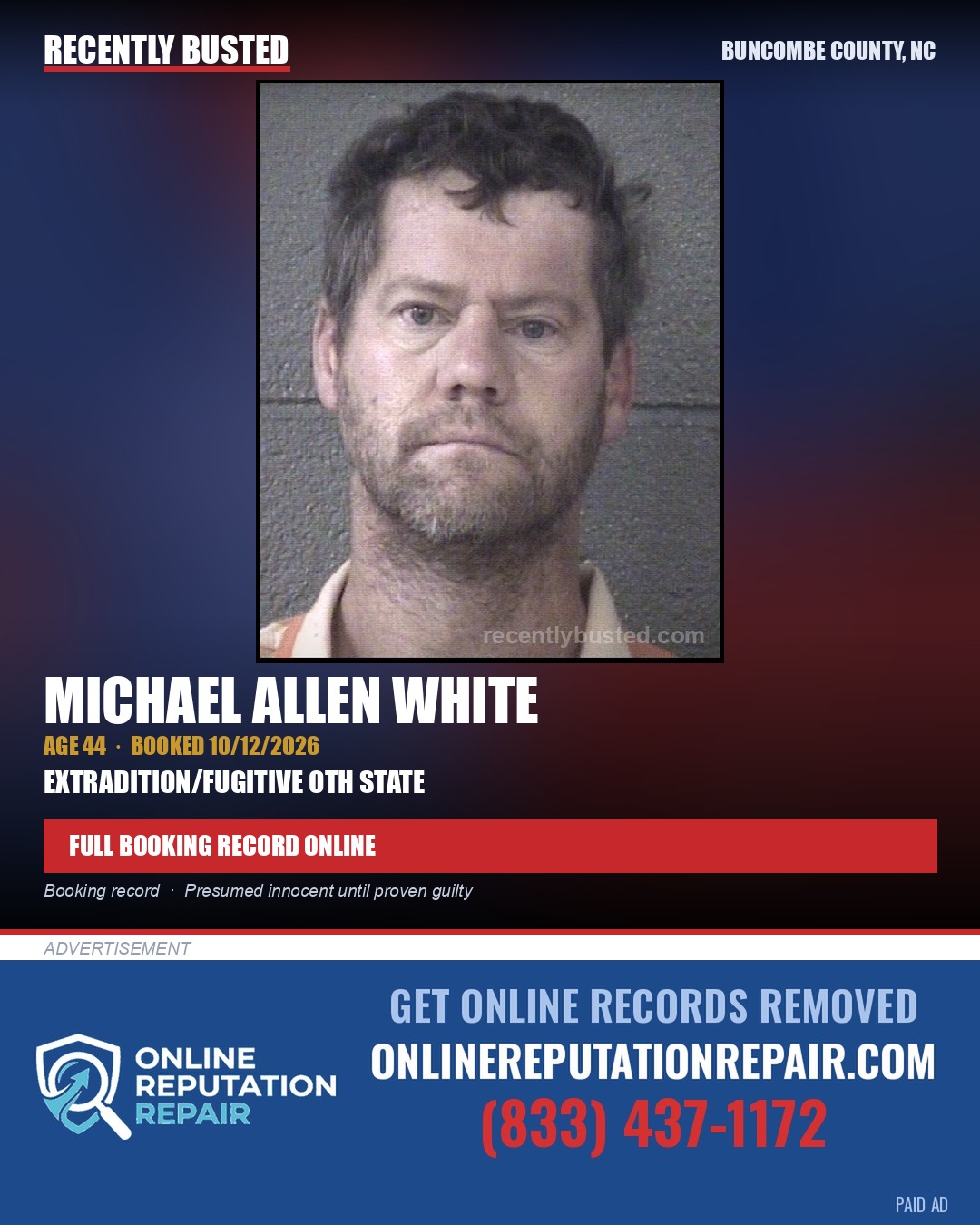 MICHAEL ALLEN WHITE — arrest record card, Buncombe County, North Carolina