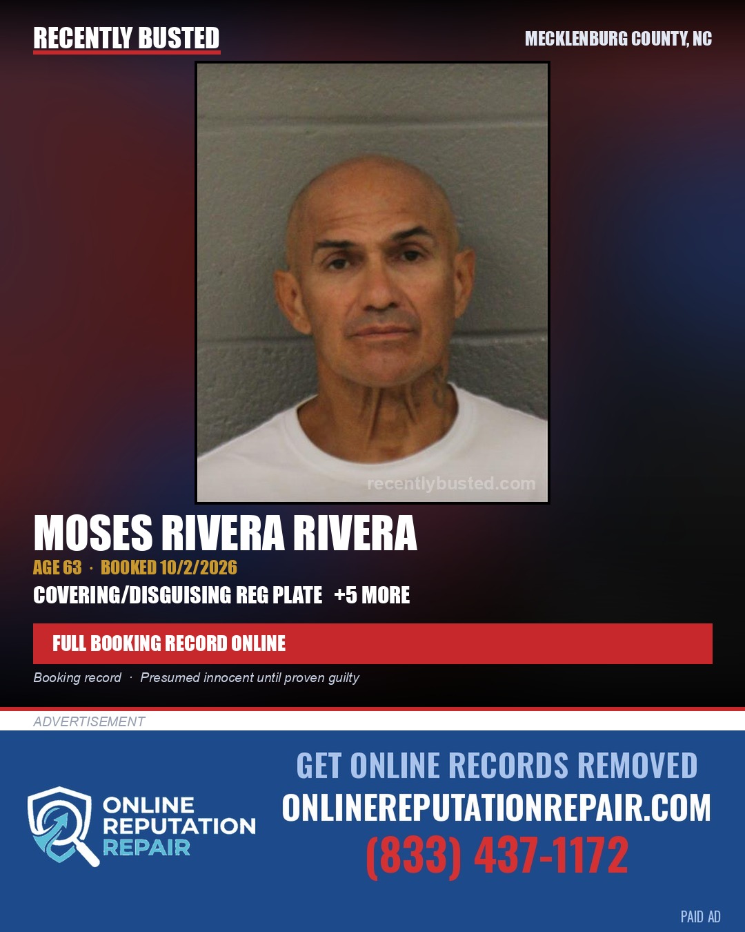 MOSES RIVERA RIVERA — arrest record card, Mecklenburg County, North Carolina