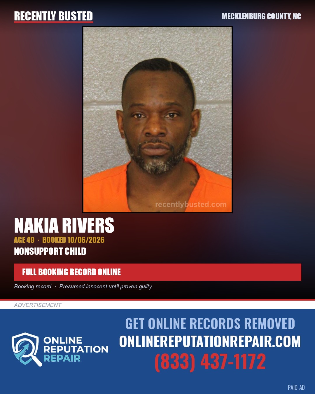 NAKIA RIVERS — arrest record card, Mecklenburg County, North Carolina
