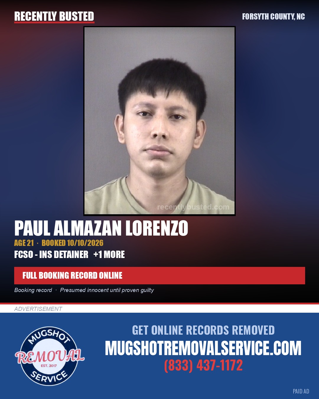 PAUL ALMAZAN LORENZO — arrest record card, Forsyth County, North Carolina