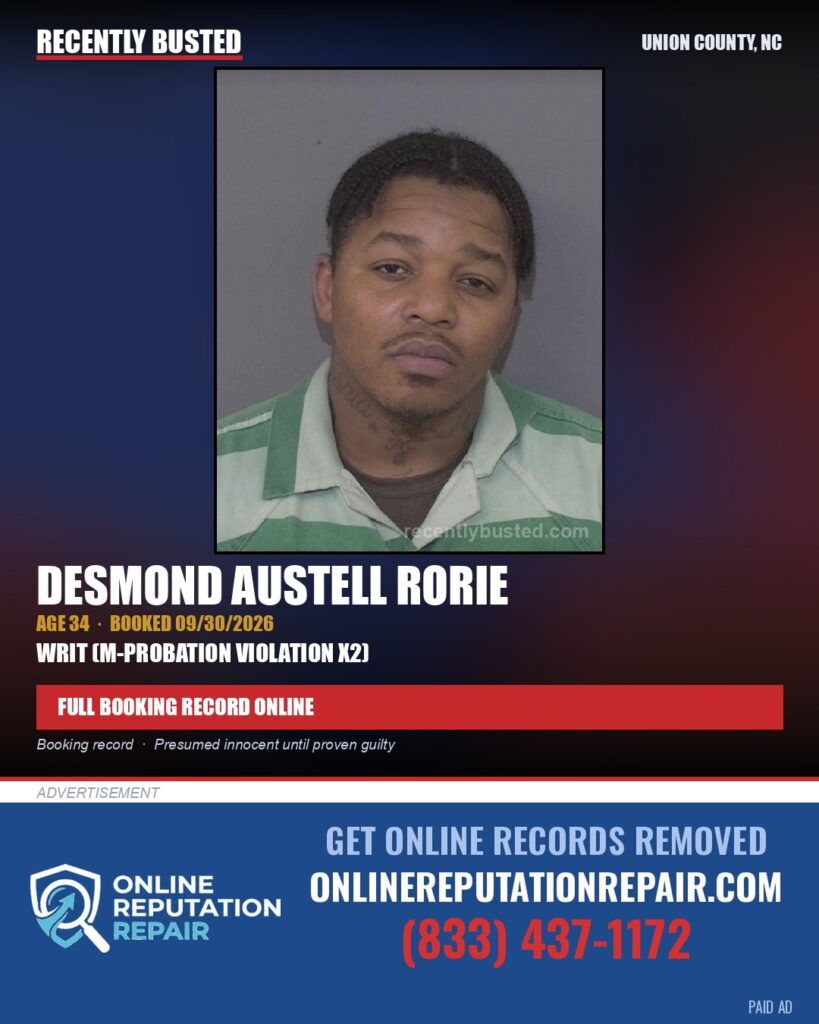 RORIE, DESMOND AUSTELL — arrest record card, Union County, North Carolina