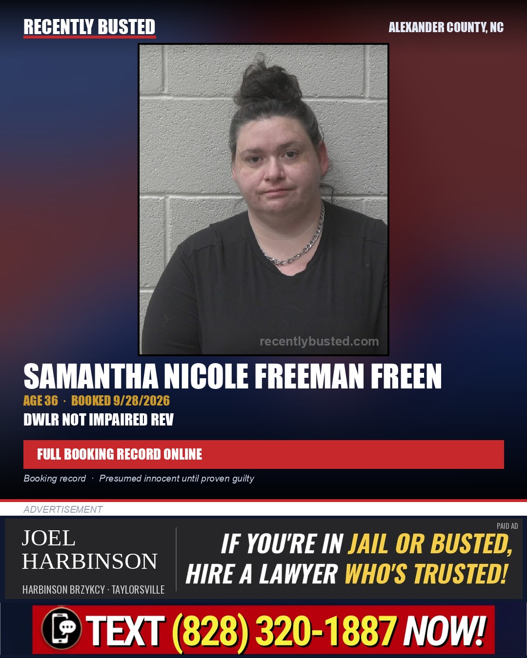 SAMANTHA NICOLE FREEMAN FREEN — arrest record card, Alexander County, North Carolina