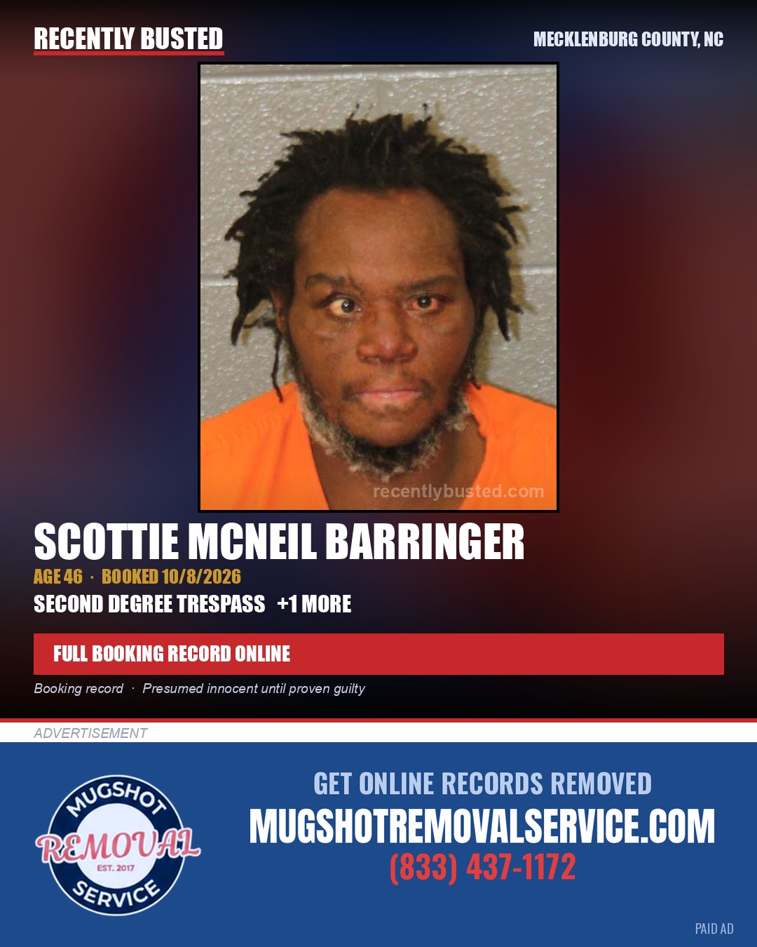 SCOTTIE MCNEIL BARRINGER — arrest record card, Mecklenburg County, North Carolina