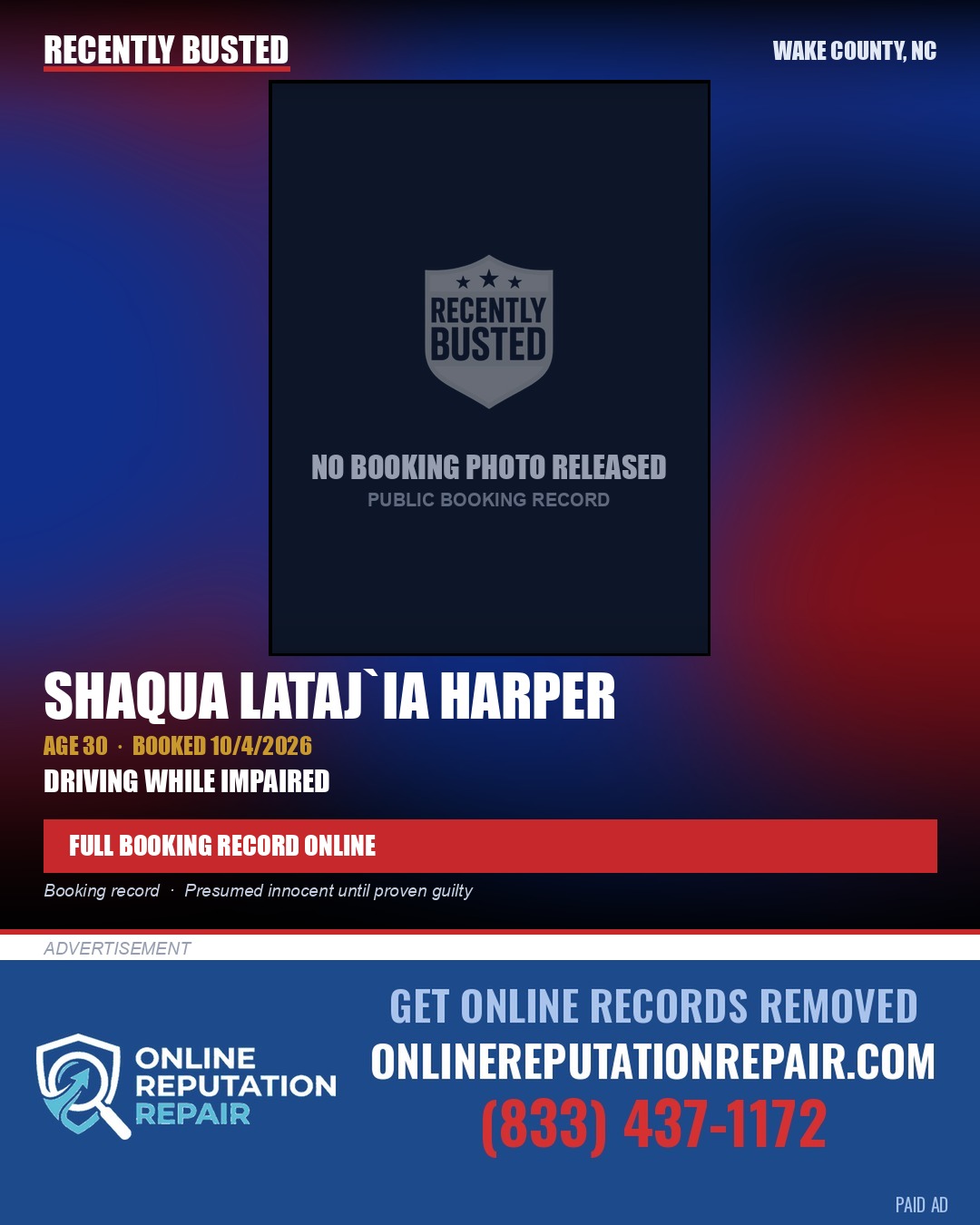 SHAQUA LATAJ`IA HARPER — arrest record card, Wake County, North Carolina