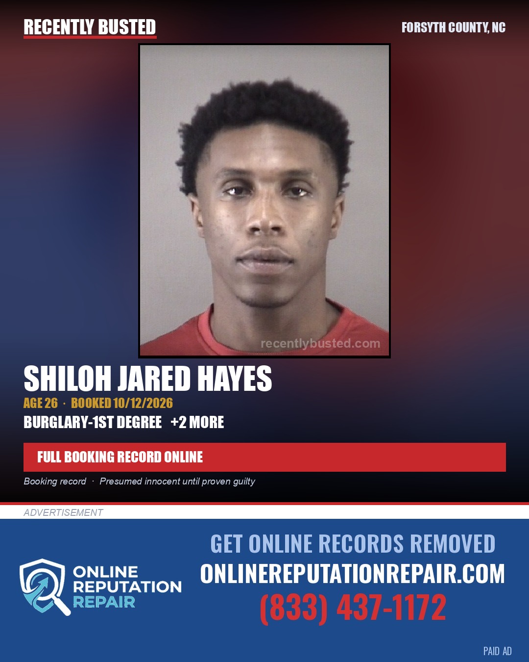 SHILOH JARED HAYES — arrest record card, Forsyth County, North Carolina