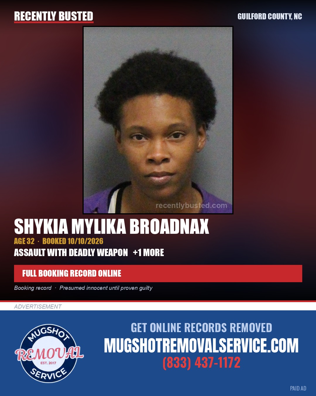 SHYKIA MYLIKA BROADNAX — arrest record card, Guilford County, North Carolina