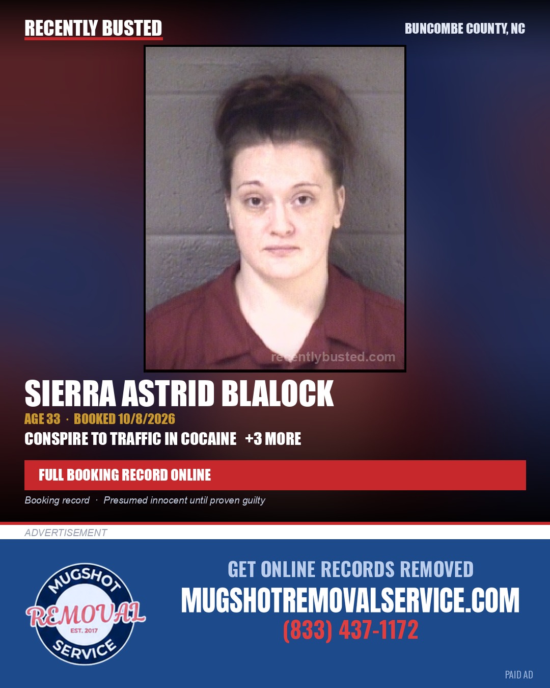 SIERRA ASTRID BLALOCK — arrest record card, Buncombe County, North Carolina