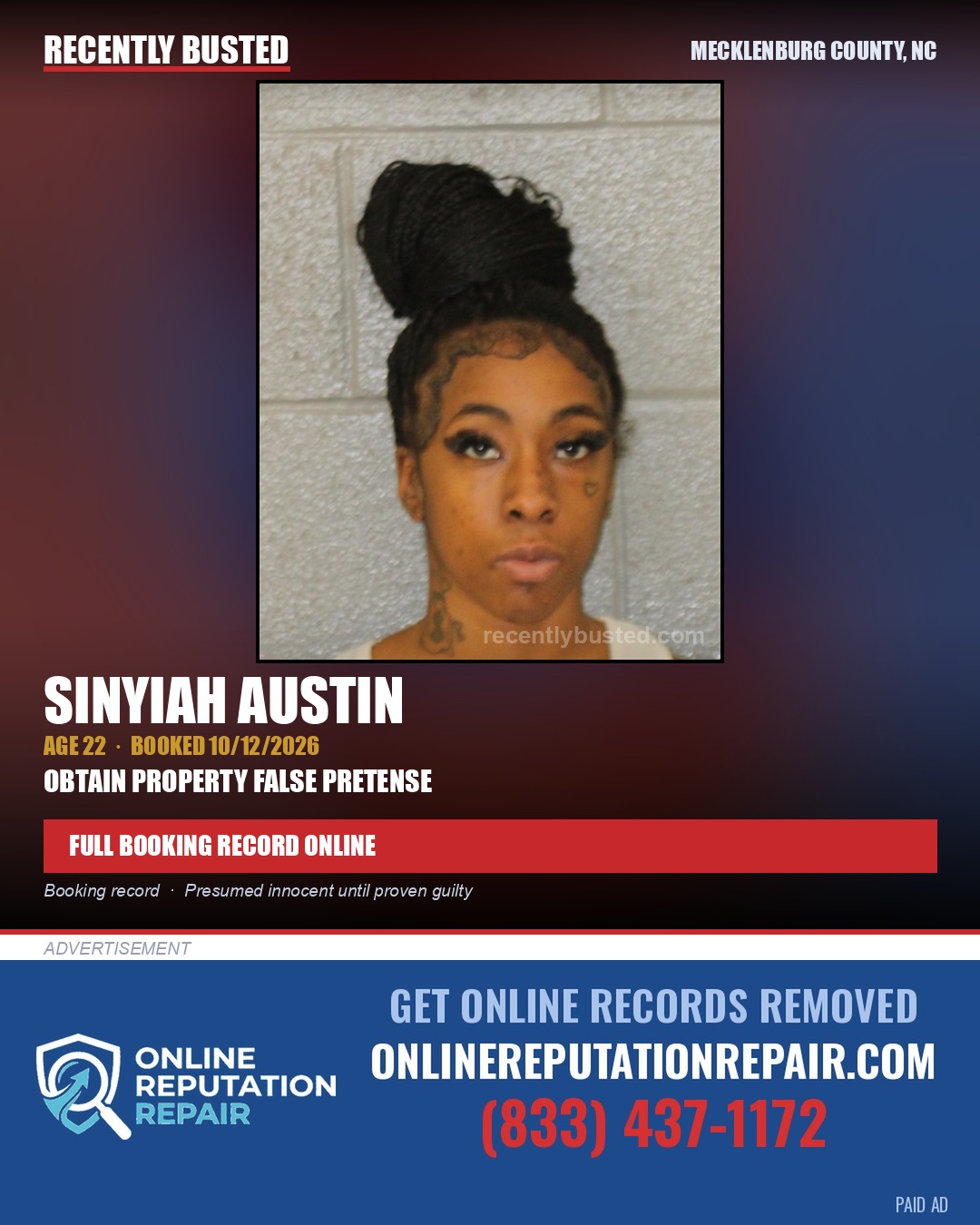 SINYIAH AUSTIN — arrest record card, Mecklenburg County, North Carolina