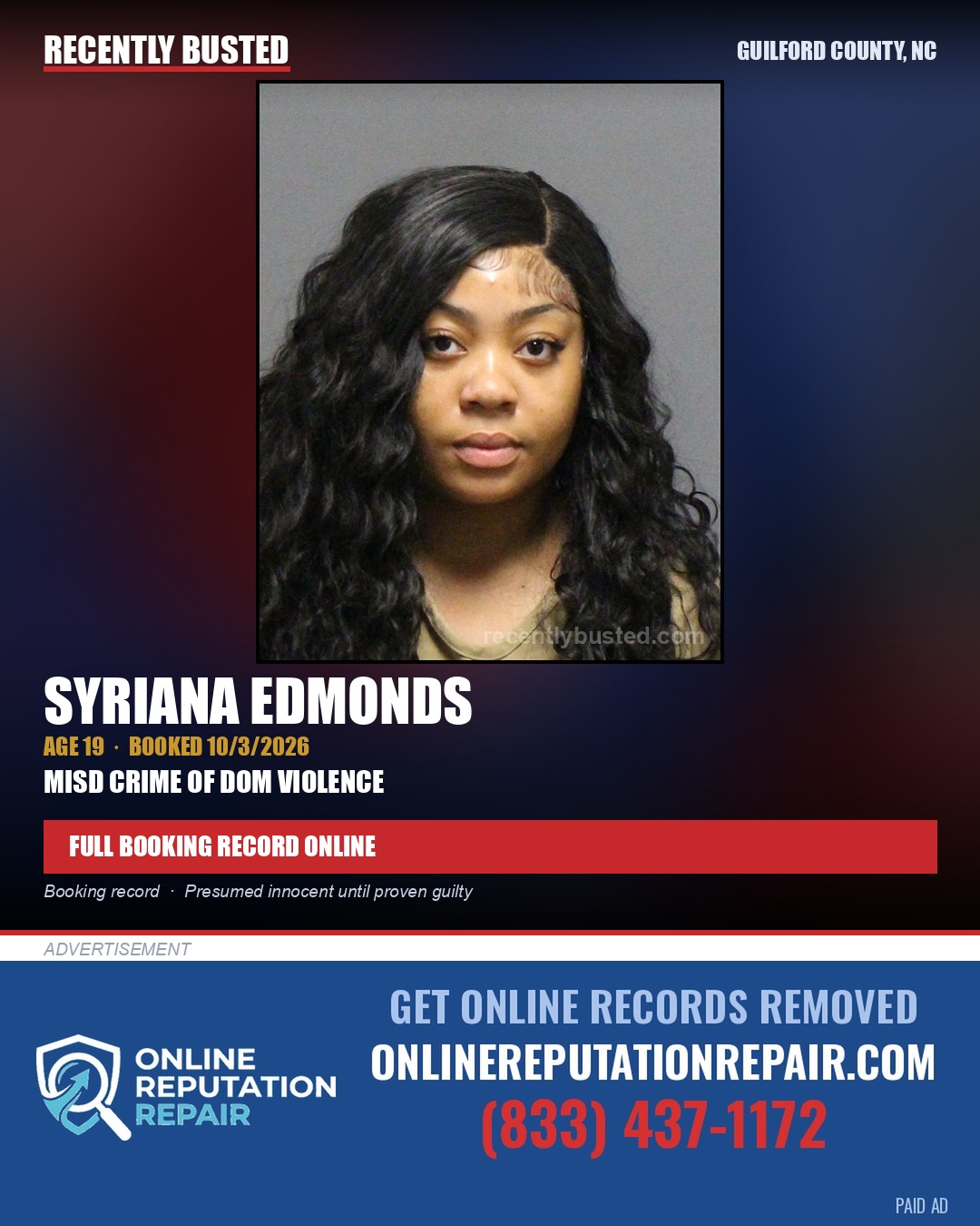 SYRIANA EDMONDS — arrest record card, Guilford County, North Carolina