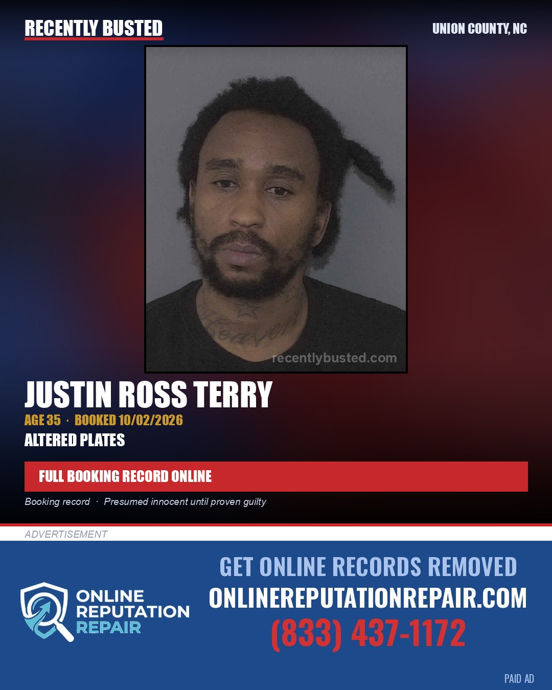 TERRY, JUSTIN ROSS — arrest record card, Union County, North Carolina