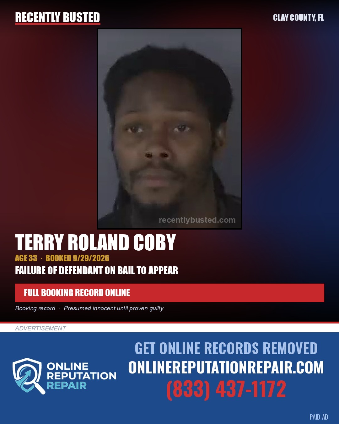 TERRY ROLAND COBY — arrest record card, Clay County, Florida
